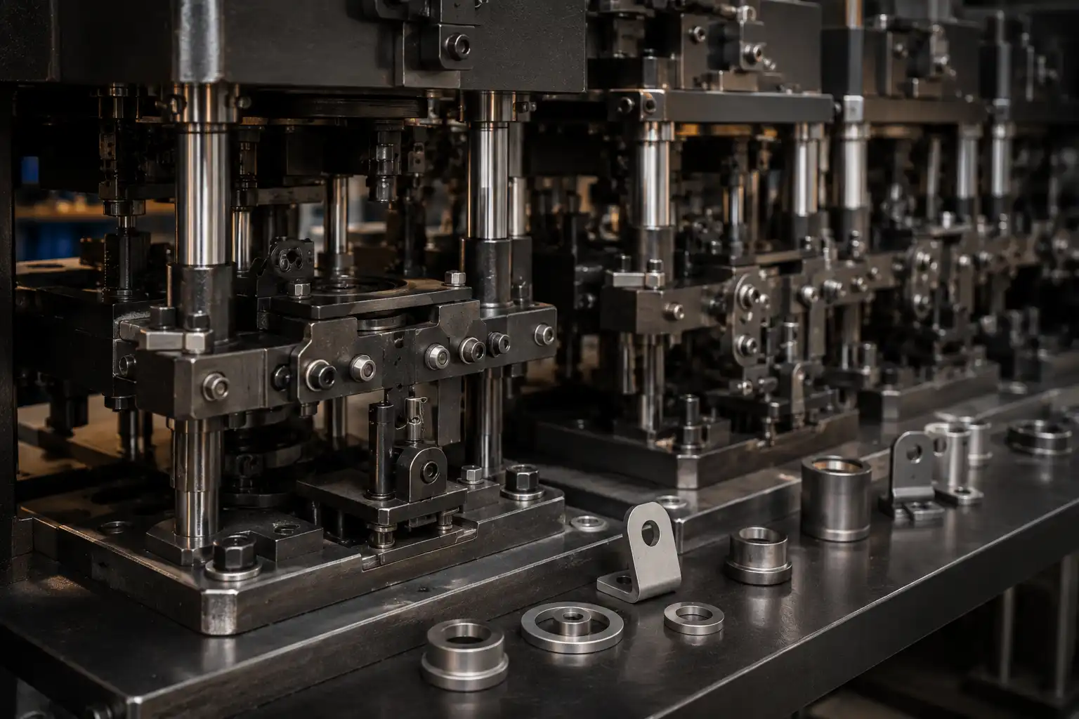 Equipamento industrial com componentes metálicos, suportes e peças estampadas